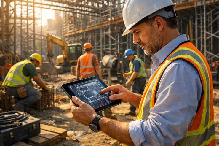 In a bustling construction site a project manager meticulously inspects blueprints on a tablet surrounded by workers in hard hats and safety vests Sun