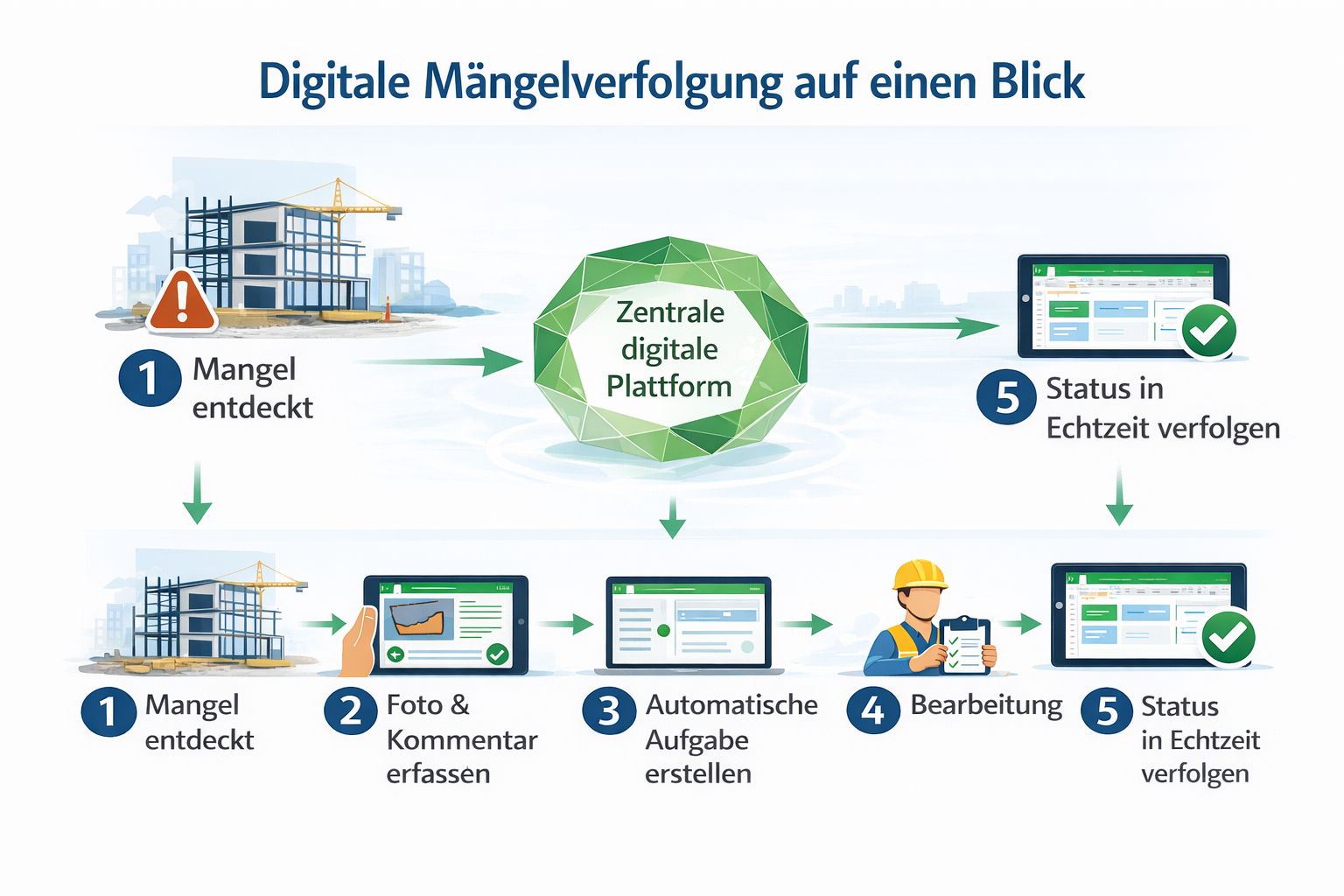 Lineare Prozessgrafik zur digitalen Mängelverfolgung auf der Baustelle mit fünf klaren Schritten: Mangel entdecken, Foto und Kommentar erfassen, automatische Aufgabe erstellen, Bearbeitung durchführen und Status in Echtzeit über eine zentrale digitale Plattform verfolgen.