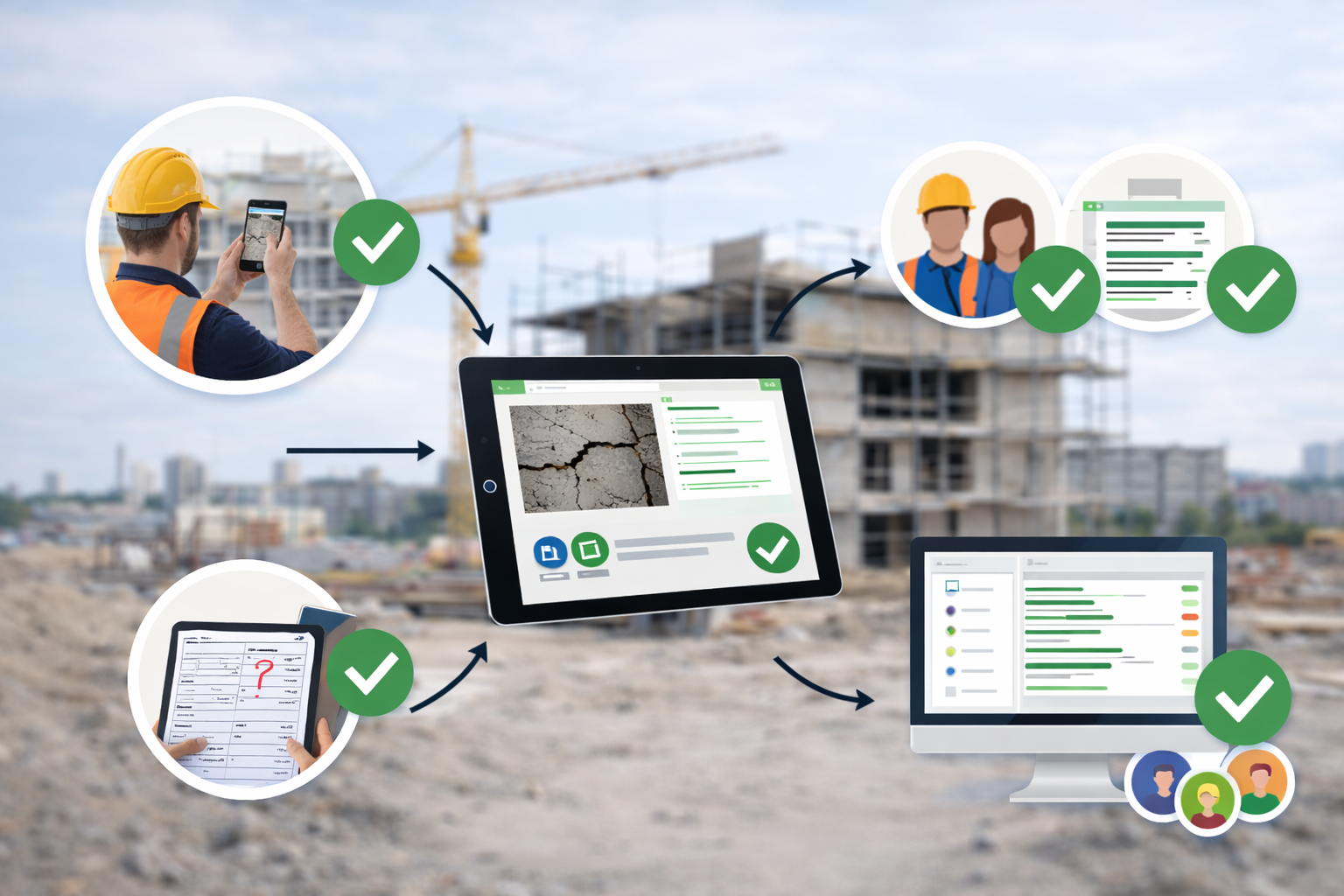 Ein Bauarbeiter erfasst einen Mangel per Tablet mit Foto und Formular, die Informationen werden zentral gespeichert und sind für alle Beteiligten in einer Statusübersicht verfügbar.