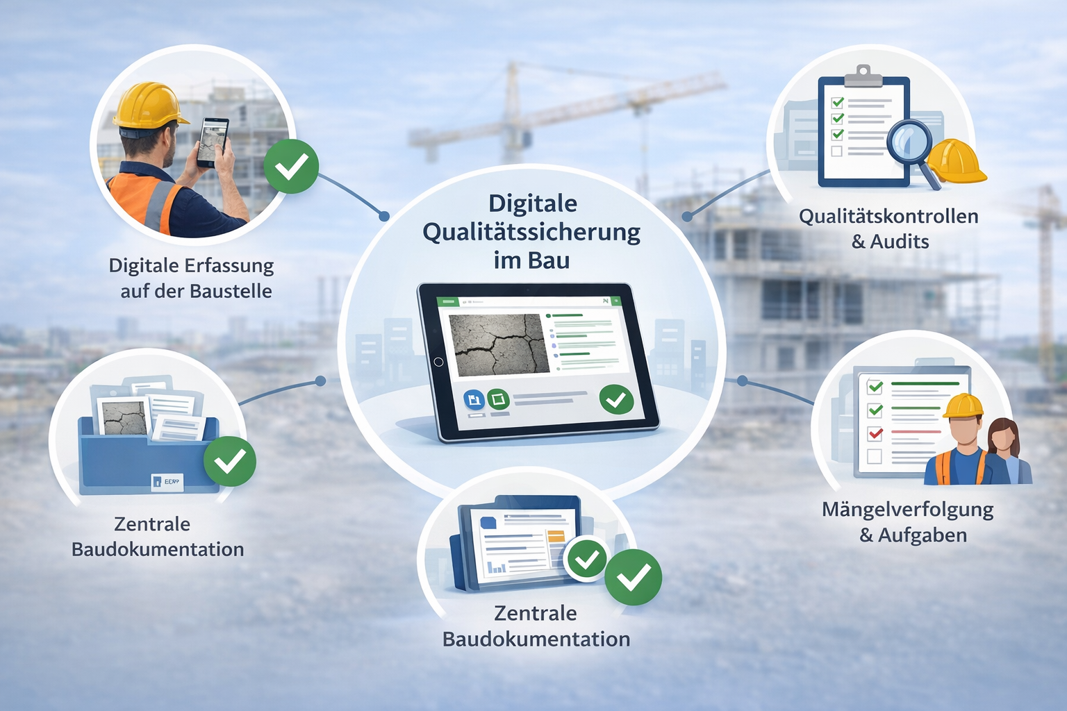 Übersichtsgrafik zur digitalen Qualitätssicherung im Bau mit zentraler Plattform, digitaler Erfassung auf der Baustelle, Qualitätskontrollen und Audits, Mängelverfolgung mit Aufgaben sowie zentraler Baudokumentation für transparente Nachweisbarkeit.