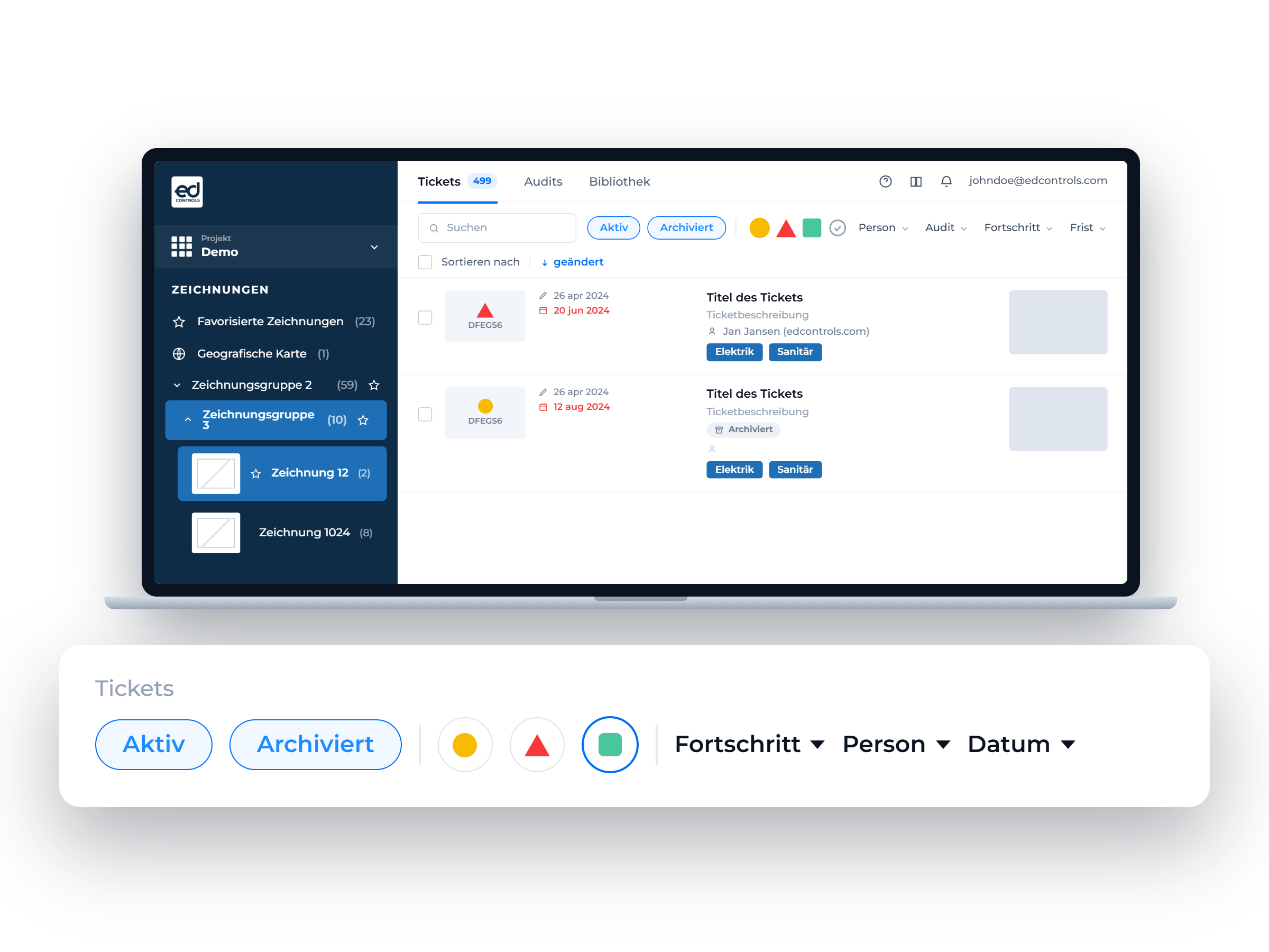 Filter in Ed Controls mit gleichzeitig ausgewähltem Aktiv und Archiviert