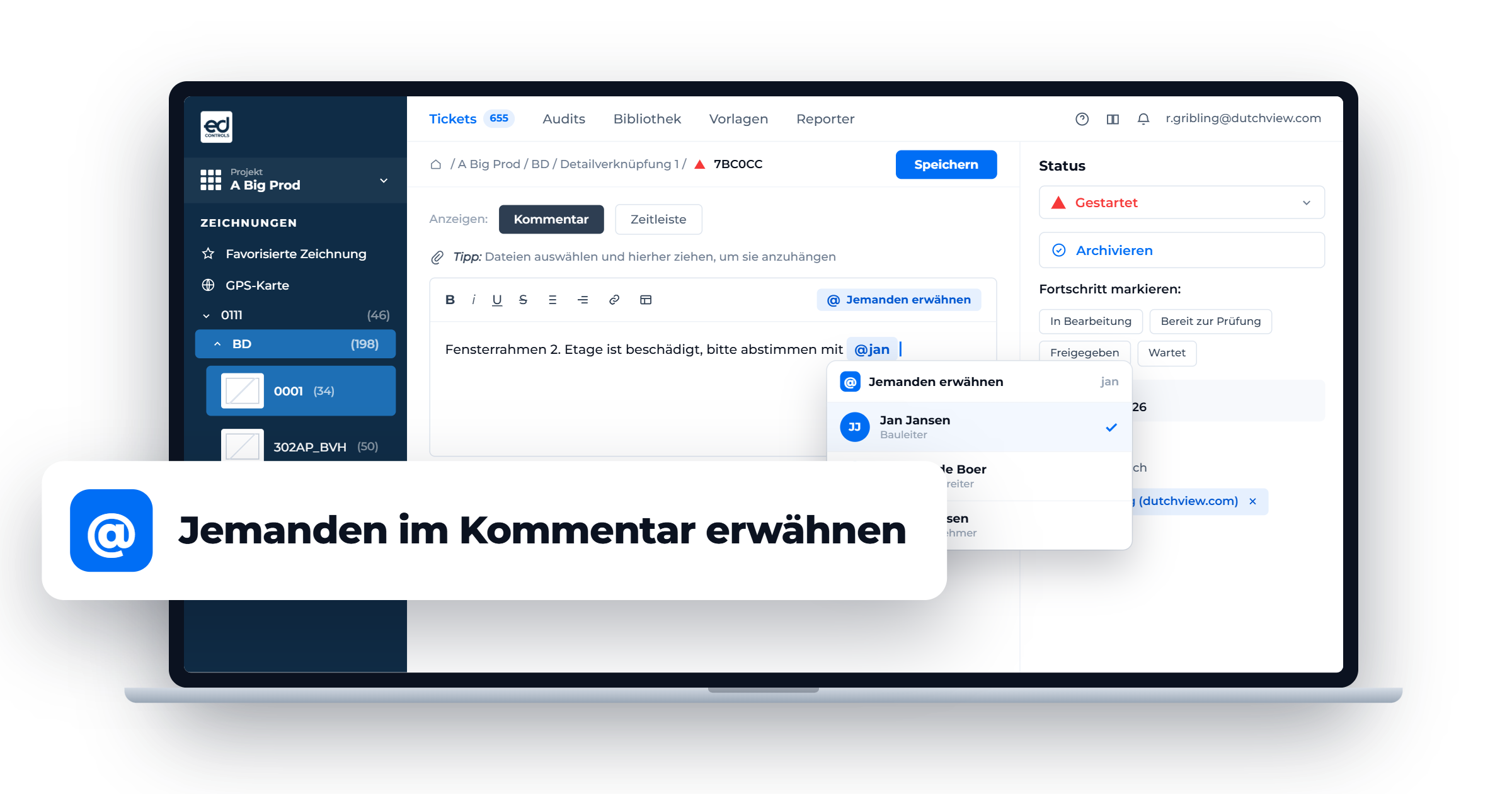 Ticket in Ed Controls mit einem im Kommentar erwähnten Kollegen